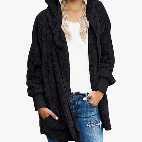 🔥  Womens Fuzzy Fleece Open Front Hooded Cardigan Jackets Sherpa Coat - Picture 4 of 4